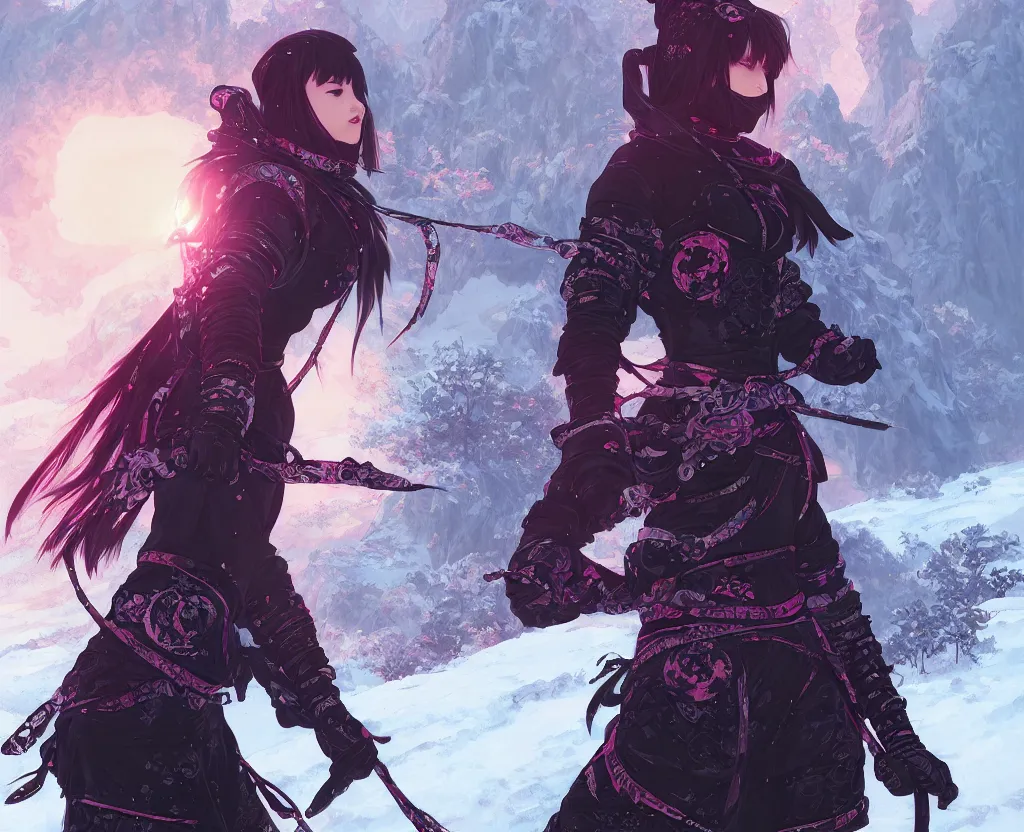 Image similar to portrait ninja gaiden girl, black plus little pink ninja wardrobe, at snowy fuji mountain sunrise, ssci - fi and fantasy, intricate and very very beautiful, detailed, digital painting, artstation, concept art, smooth and sharp focus, illustration, art by tian zi and wlop and alphonse mucha