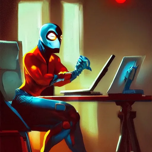 Image similar to a masked superhero wearing a costume sitting at the computer nervously clicking on the mouse in the style of peter mohrbacher