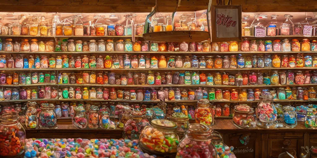 Image similar to Inside an old fashioned sweet shop, large jars on shelves, beautiful labels, fantasy vendor interior, wide angle, cinematic, highly detailed, photorealistic, rich bright colors, trending on artstation, trending on cgsociety