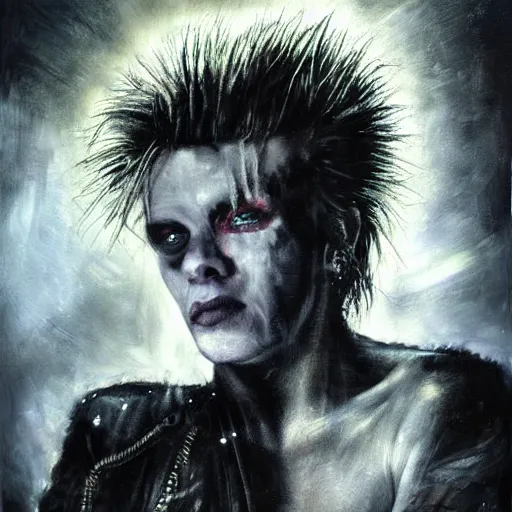 Image similar to stunning portrait of gaunt billy idol a ( the cure fan ) as dream from sandman, dim stars as eyes, by jeremy mann, by cedric peyravernay, by by russ mills, by richard avedon and ben templesmith, dramatic lightning, sadness, dark eye sockets, in the shadows, punk rock, gothic, high detailed, 8 k