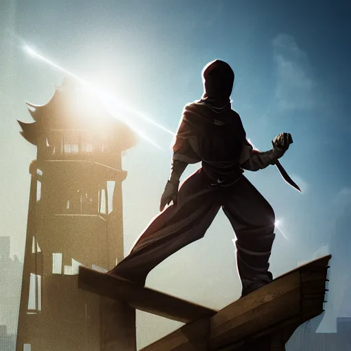 Image similar to a shrouded ninja standing on a pagoda, angled shot, style of ross tran, painterly, fantastic detail, lens flare, global illumination