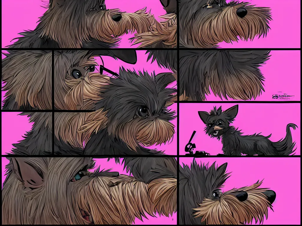 Image similar to a 4 panel comic strip of a lonely black and caramel Yorkshire Terrier, fighting with a pink rubber monkey in a cyberpunk, post apocalyptic Tokyo, D&D, fantasy, highly detailed, digital painting, artstation, concept art, smooth, sharp focus, illustration, art by Bill Sienkiewicz