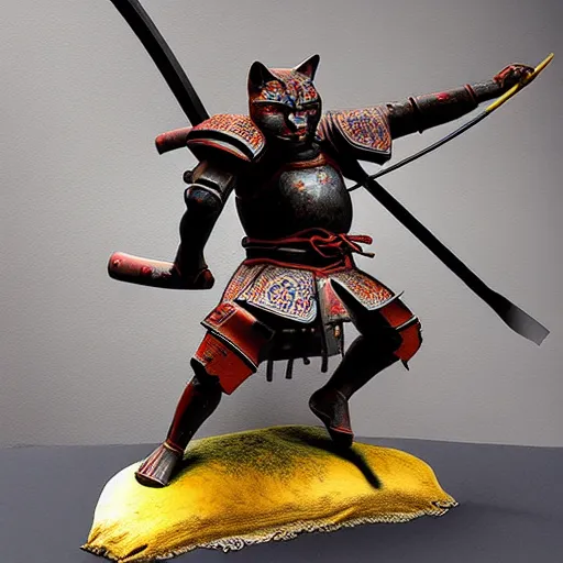 Prompt: cat warrior statue in samurai insect armor, realistic painting.