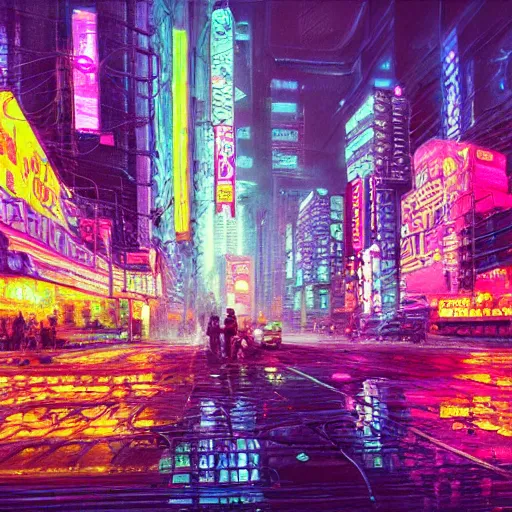 Image similar to an impressionist oil painting of a cyberpunk city with a lot of neon signs, highly detailed, texture, masterpiece, trending on artstation, pink, purple, huge scale, beautiful, isometric projection