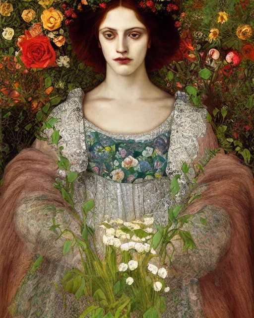 Prompt: masterpiece the queen of flowers by Dante Gabriel Rossetti, Aykut Aydogdu, Oil on canvas, highly detailed