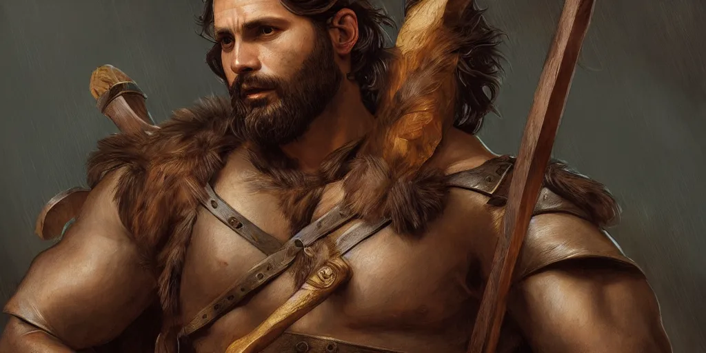 Image similar to renaissance upper body portrait of a gruff ranger with a spear, lean and toned, handsome face, hairy chest, D&D, intricate, elegant, highly detailed, digital painting, artstation, concept art, matte, sharp focus, illustration, art by da Vinci, Artgerm and Greg Rutkowski and Alphonse Mucha