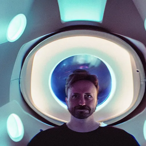 Image similar to forsen in a spaceship, cinestill 8 0 0 t