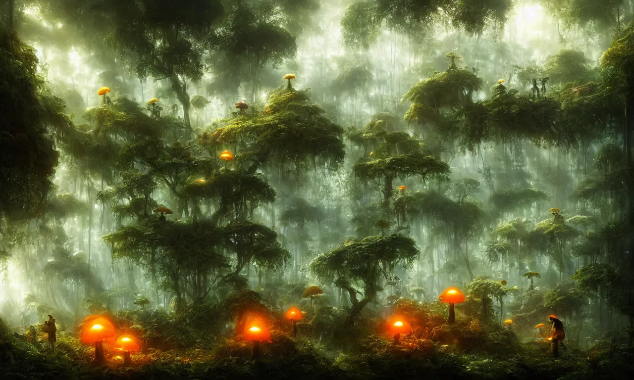 Image similar to glowing mushrooms in the jungle. andreas achenbach, artgerm, mikko lagerstedt, zack snyder, tokujin yoshioka