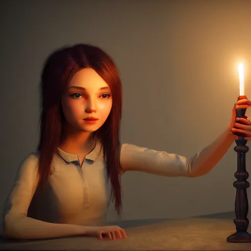 Image similar to A cute feminine girl holding a glowing candle, fragile, soft, vray,Unreal engine 5, hyperdetailed, 3d character, game character