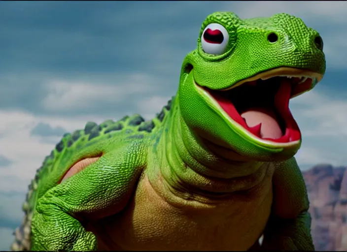 Image similar to film still of yoshi in the new sci - fi movie, cute upright standing upright upright dinosaur standing on its hind legs with a small red turtle shell and sticking out a long sticky tongue, 8 k