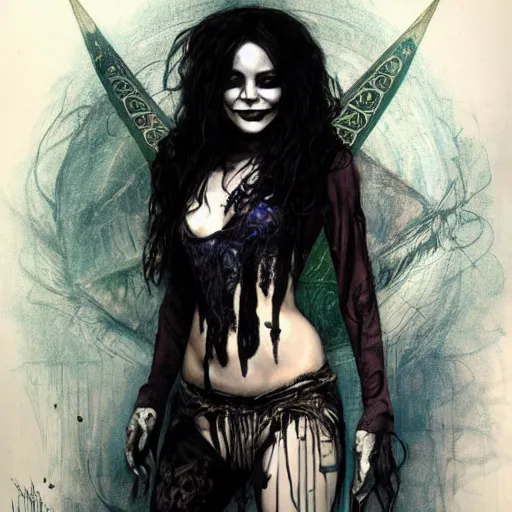 Image similar to beautiful portrait of vanessa hudgens as death from sandman, smiling, by cedric peyravernay, alphonse mucha, by jeremy mann, by lecouffe deharme, goth chic, soft lightning, eyeliner, punk rock, high detailed, 8 k