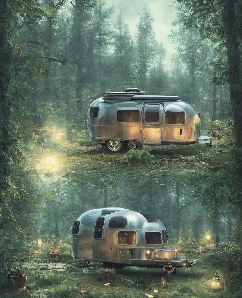 Image similar to image of a sylish vintage airstream camper in magical forest, photorealistic, digital painting, artstation, intricate artwork by Tooth Wu and wlop and beeple. octane render, trending on artstation, greg rutkowski very coherent symmetrical artwork. cinematic, hyper realism, high detail, octane render, 8k