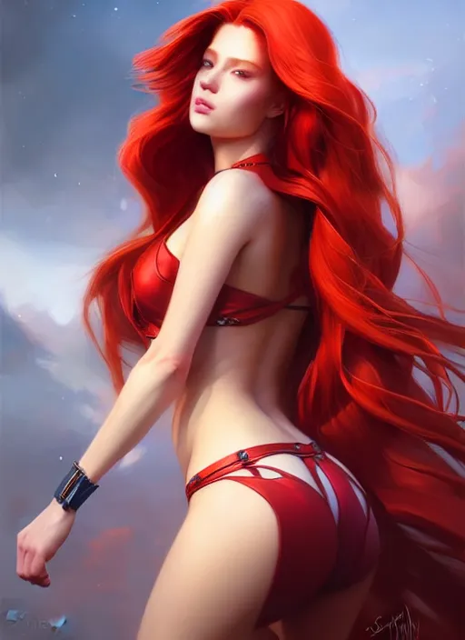 Image similar to a gorgeous female with long red hair in the style of stefan kostic, realistic, full body shot, wide angle, sharp focus, 8 k high definition, insanely detailed, intricate, elegant, art by stanley lau and artgerm, floating embers