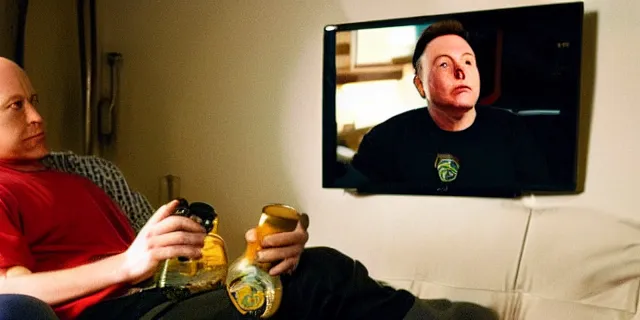 Image similar to full room shot of sad bald poor elon musk drinking a can of beer in the couch while watching tv in a dirty house, very realistic photograph, cinematic lighting, dardenne brothers, trailer park boys