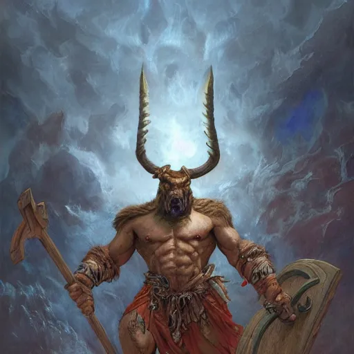 Prompt: huge smug minotaur wielding a great - axe, menacing aura, art by donato giancola and greg rutkowski, realistic face, digital art, trending on artstation