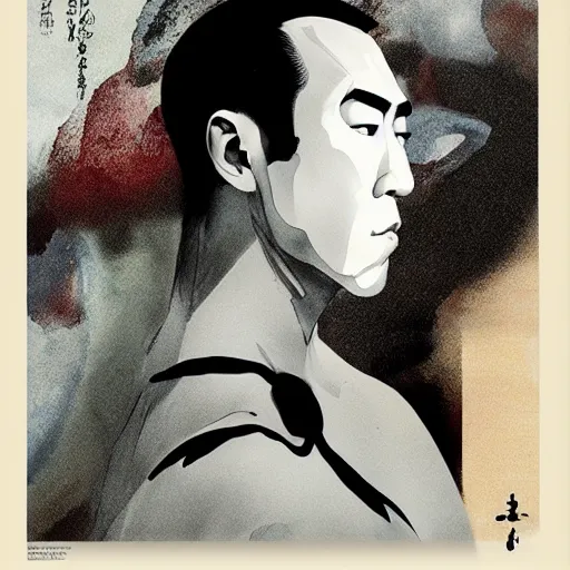 Prompt: portrait of glamorous yukio mishima, hanafuda vogue cover illustration by yoji shinkawa, james jean and stina persson