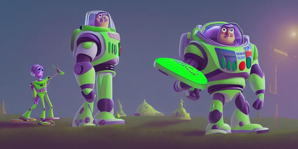 Prompt: buzz lightyear, simon stalenhag