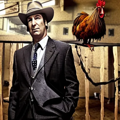 Image similar to saul goodman and a rooster in a saw movie torture chamber, scary torture devices in the background, saul goodman, rooster, photo