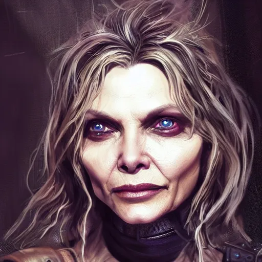 Image similar to michelle pfeiffer portrait, dystopia core, apocalyptic, armor, warrior, dramatic, sharp focus, fiction, neon, fantasy, hyper detailed, digital art, trending in artstation, cinematic lighting, studio quality, smooth render, unreal engine 5 rendered, octane rendered, art style and nixeu and wlop and krenz cushart