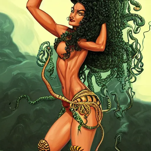 Image similar to Shanina Shaik as Medusa, snakes for hair, highly detailed, digital painting, artstation, concept art, smooth, sharp focus, illustration, art by Chris Achilleos, in the style of Medusa (1988) by Chris Achilleos.