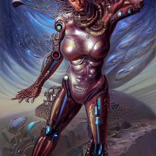 Image similar to female cyborg, hyper detailed, aesthetic, fantasy background. in the style of boris vallejo, karol bak and alain aslan