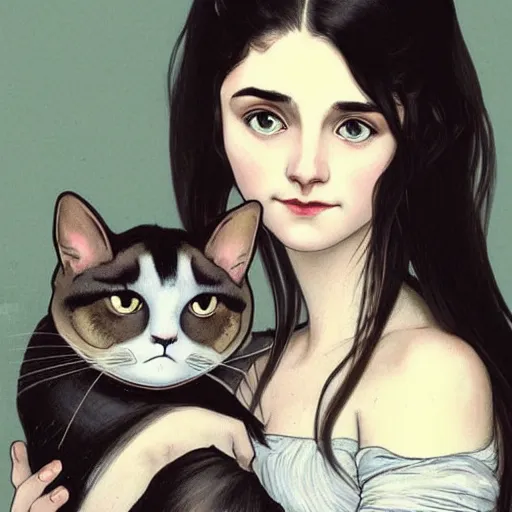 Prompt: cute emo german woman, with long dark hair, thick eyebrows!!! dark eyes and dark circles!, wide nose!!!, big eyes, oval face shape, big cheeks!, she is holding a cat in her arms, by juan villafuerte, greg rutkowski and alphonse mucha, pexels contest winner, high quality photo, hd rtx