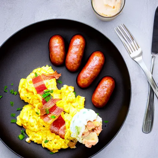 Prompt: bacon sausages scrambled eggs, hyper realistic, award winning food photography