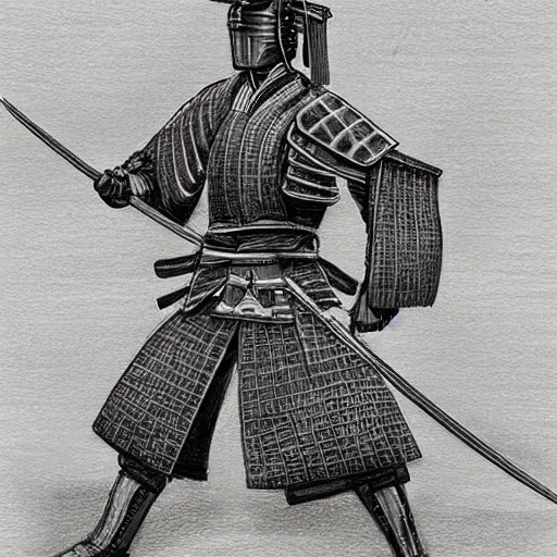 Image similar to A drawing of a samurai warrior, sword drawn ::