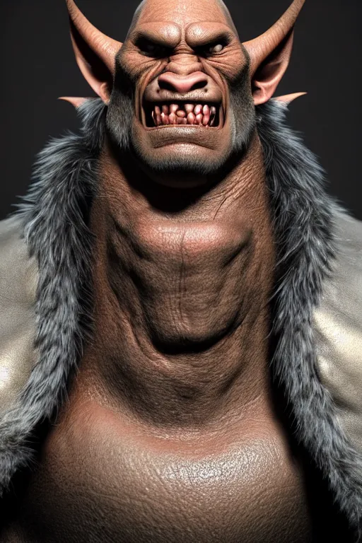 Image similar to A full body shot of a handsome orc looking into the camera wearing a leather fur jacket, full body shot, detailed face, orc, portrait, artstation, realistic, highly detailed, symmetrical, D&D, Dungeons & Dragons, hyper realistic, dynamic pose, high detail, octane render, unreal engine, 8k, fantasy art, highly detailed, dramatic lighting, concept art