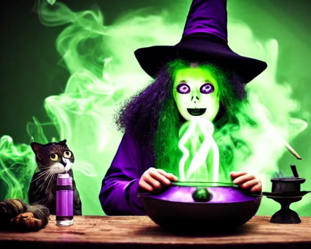 Image similar to close up portrait, spooky teen witch mixing a spell in a cauldron, a cat is on the table, wispy green and purple smoke fills the air, a witch hat, cinematic, green glowing smoke is coming out of the cauldron, strange ingredients on the table, strange apothecary shelves in the background, scary stories to tell in the dark