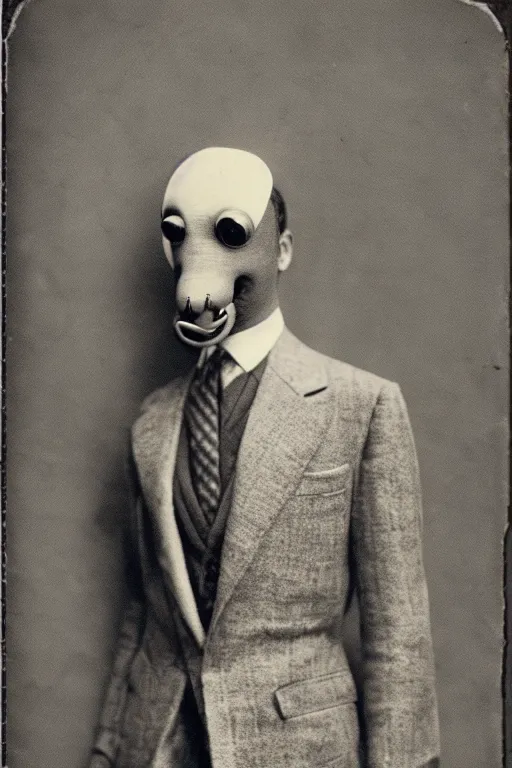 Image similar to anthropomorphic insect, wearing a suit, vintage photograph, sepia