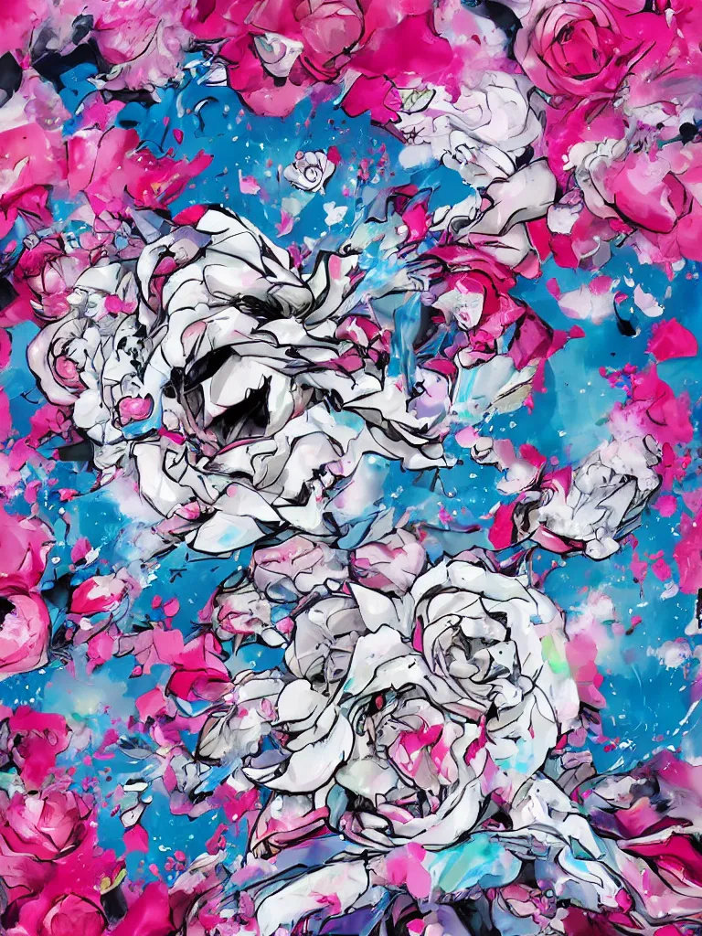 Prompt: hadouken of white and pink roses, flowers exploding and splattering, blue sky, big puffy clouds, spraypaint, wildstyle, totem 2, graffiti, exploding roses, large rose petals, lotus petals, large triangular shapes, studio ghibli anime, radiant lighting, artgerm, manga, trending on artstation, art nouveau, mature colors