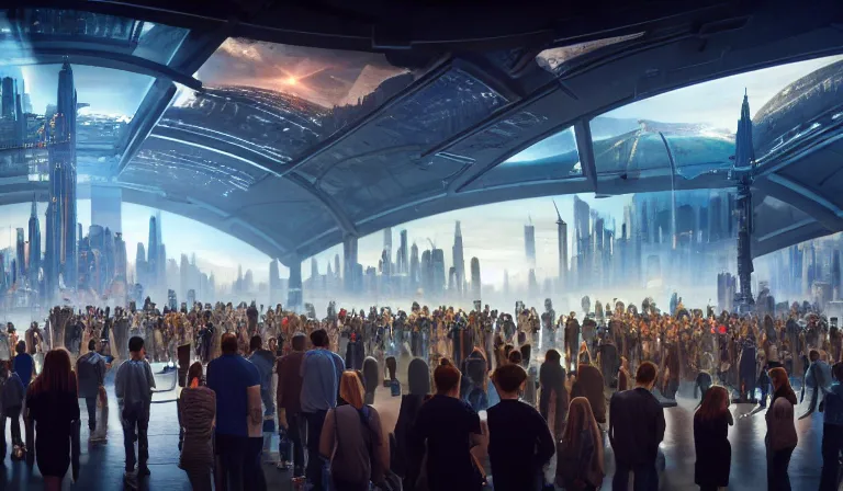 Image similar to crowd of people in large open museum, looking at hologram of futuristic metropolis on a table, cinematic concept art, godrays, golden hour, natural sunlight, 4 k, clear details, tabletop model buildings, center model buildings, hologram center, crane shot, wide shot, high shot