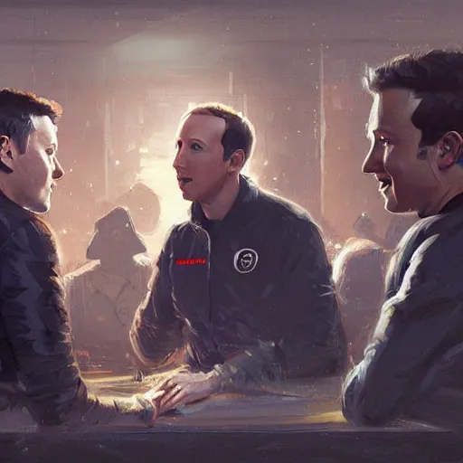 Image similar to portrait of meeting between elon musk, mark zuckerberg, jeff bezos, very detailled, art contest winner on behance, trendy on deviant art, by by artgem, greg rutkowski