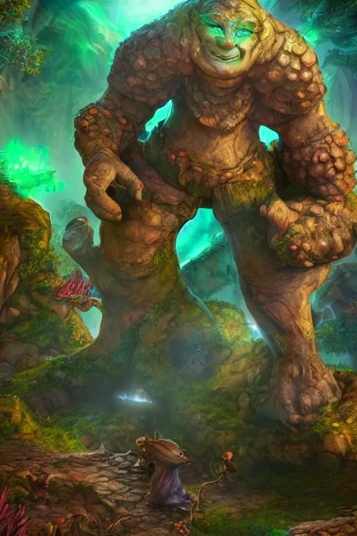 Image similar to arcane fantasy art giant golem elemental wood rock bastion forged gemstone enchanted forest troll, global illumination ray tracing hdr fanart arstation by sung choi and eric pfeiffer and gabriel garza and casper konefal lisa frank zbrush central hardmesh radiating a glowing aura