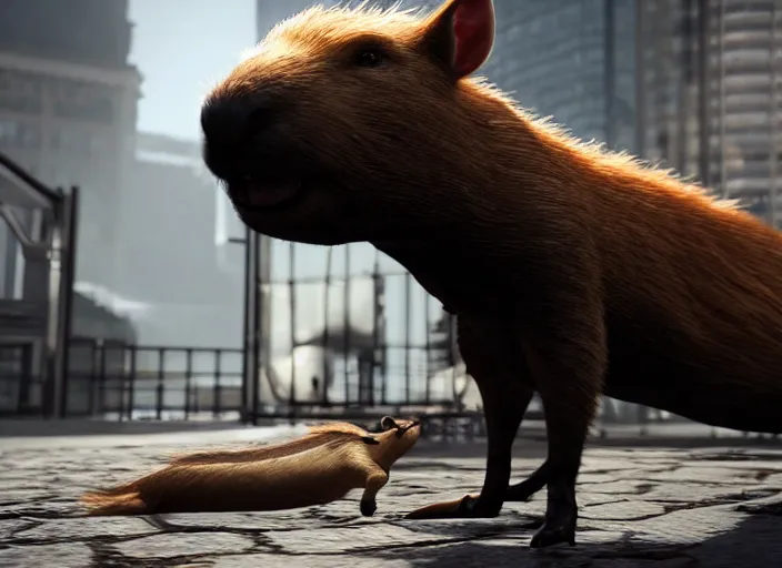 Image similar to venom fused with a capybara, ultra realistic 4 k unreal engine very cinematic render with ray tracing bloom ambient occlusion strong reflections depth of field fog