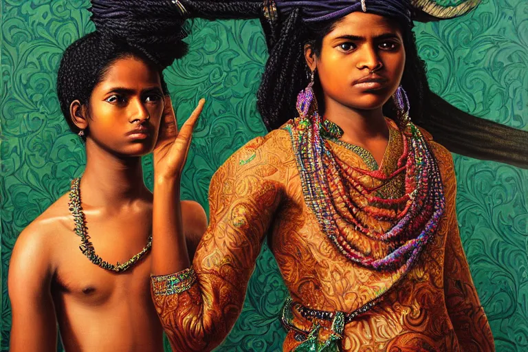 Prompt: a sri lankan girl pirate with iridescent skin by kehinde wiley