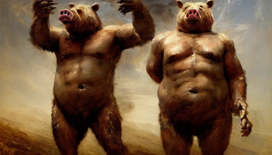 Image similar to highly detailed painting of a humanoid half bear half man pig creature by william turner, by greg rutkowski, by william constable, thick brush strokes and visible paint layers, 4 k resolution