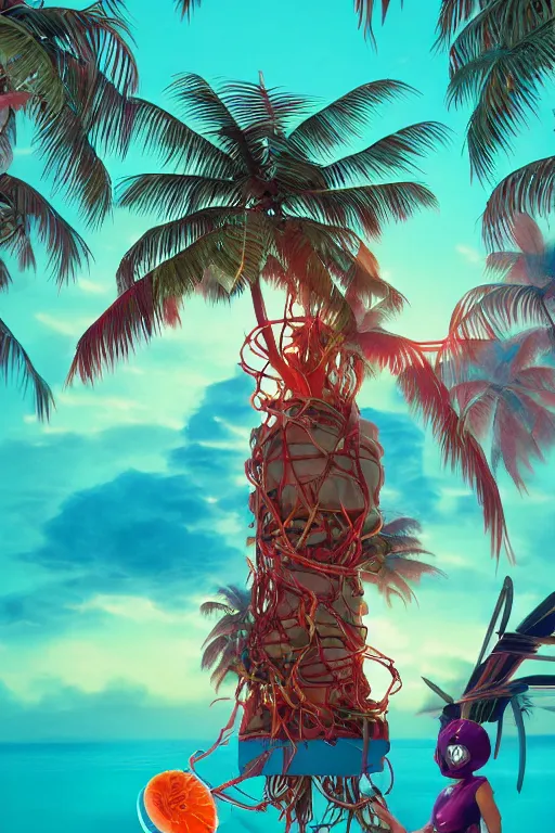 Prompt: epic 3 d abstract 🇵🇷 headset hacker, spinning hands and feet, 2 0 mm, plum and teal peanut butter melting smoothly into asymmetrical coconut palm trees and mangroves, thick wires, liquid cooling, beautiful code, houdini sidefx, trending on artstation, by jeremy mann, ilya kuvshinov, jamie hewlett and ayami kojima