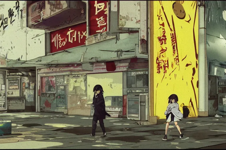 Image similar to incredible wide screenshot, ultrawide, simple watercolor, rough paper texture, ghost in the shell movie scene, backlit distant shot of girl in a parka running from a giant robot invasion side view, yellow parasol in deserted dusty shinjuku junk town, broken vending machines, bold graphic graffiti, old pawn shop, bright sun bleached ground, mud, fog, dust, windy, scary robot monster lurks in the background, ghost mask, teeth, animatronic, black smoke, pale beige sky, junk tv, texture, brown mud, dust, tangled overhead wires, telephone pole, dusty, dry, pencil marks, genius party,shinjuku, koji morimoto, katsuya terada, masamune shirow, tatsuyuki tanaka hd, 4k, remaster, dynamic camera angle, deep 3 point perspective, fish eye, dynamic scene