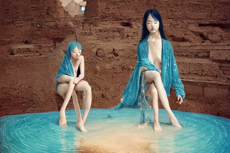 Image similar to lee jin - eun in astronaut dress emerging from turquoise water in egyptian pyramid by dino valls, nicola samuri, conrad roset, m. k. kaluta, martine johanna, rule of thirds, elegant look, beautiful, luxurious