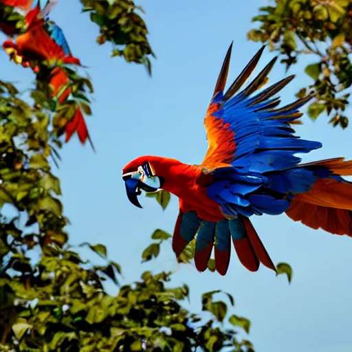 Image similar to golden red and blue macaw flying, amazon in the background, sentient bird, dawn