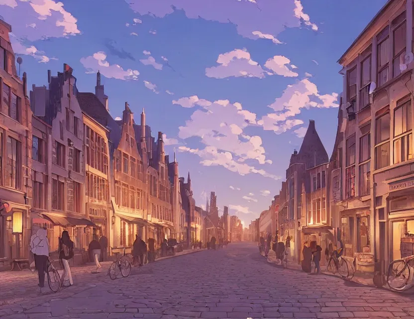 Image similar to street view of gent belgium at sunset, peaceful and serene, incredible perspective, soft lighting, anime scenery by makoto shinkai and studio ghibli, very detailed