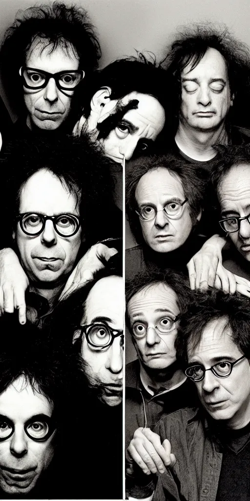 Image similar to award winning photo of todd solondz charlie kaufman larry david syd barret john zorn mike patton smoking, vivid colors, scary, symmetrical face, beautiful eyes, studio lighting, wide shot art by Sally Mann & Arnold Newman