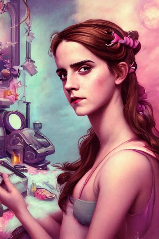 Image similar to emma watson portrait of a vaporwave girl in a cluttered 9 0 s bedroom, by artgerm, tom bagshaw, gerald brom, vaporwave!, vaporwave colors!, lo fi colors, lo fi, 4 k, hd,