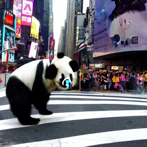 Prompt: panda skateboarding at time square