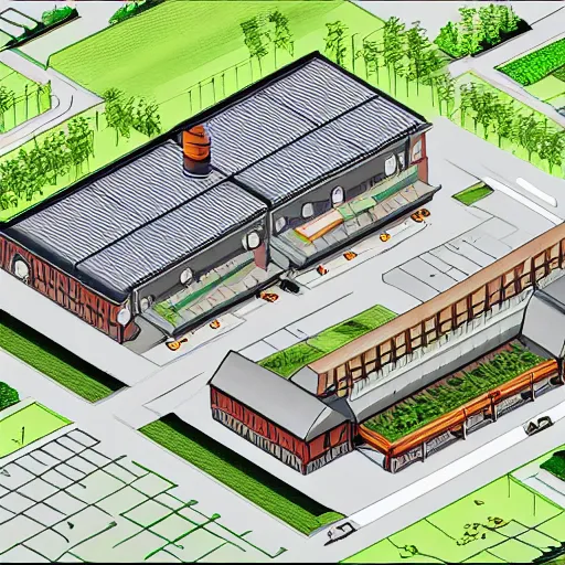 Prompt: exterior of sawmill factory in countryside of taiwan; isometric axonometric