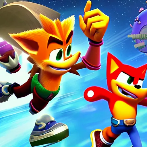 Image similar to crash bandicoot bros kirby super star ultra sonic the hedgehog gta style ratchet and clank