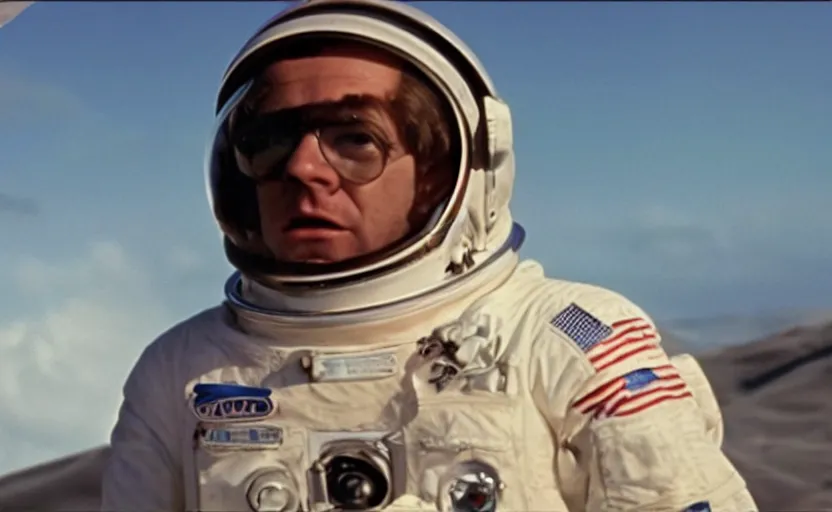 Image similar to screenshot of Julian Moore in 2001 Space Oddyssey (1968) by Stanley Kubrick, 4k still frame, windy hair, cinematic lighting, stunning cinematography, hyper detailed scene, anamorphic lenses, kodak color film stock