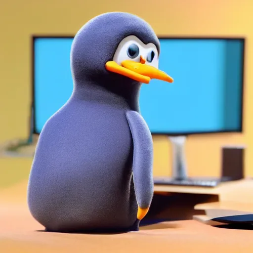 Image similar to pingu sitting behind a computer, bbc,, art, epic lighting, clay, claymation